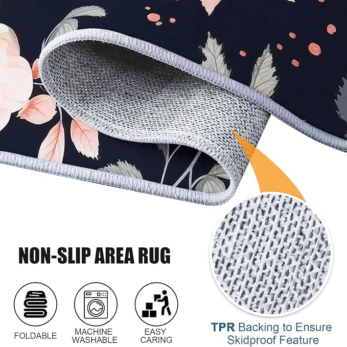 Area Rugs for Living Room, 5x7 Washable Rug Black Soft Low Pile Non-Slip Carpet Stain Resistant Carpets for Bedroom Dining Room Farmhouse Nursery, Retro Branches and Leaves Elegant Flowers