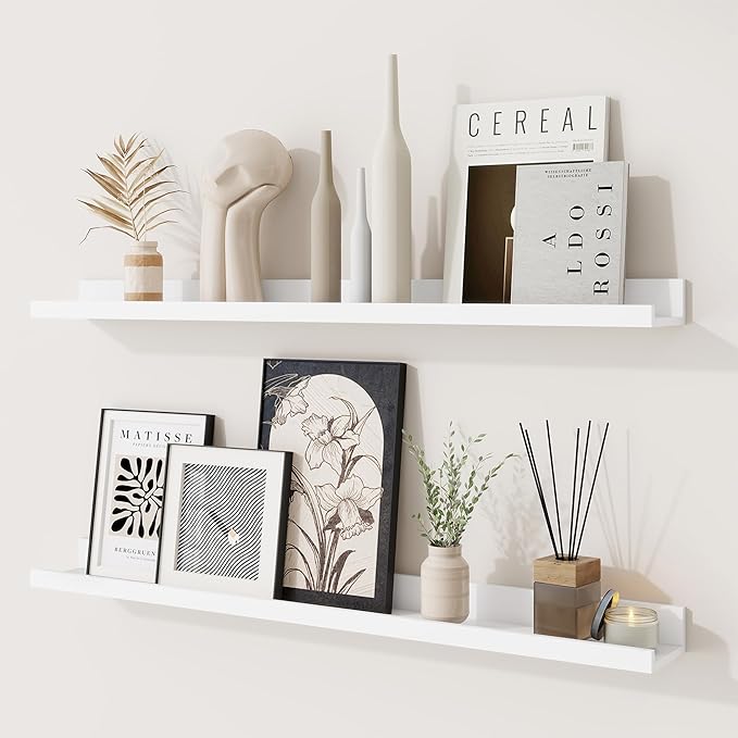 RICHFOCUS Picture Ledge Shelf, 30 inch Floating Shelves Set of 2, Wood Wall Shelves with Lip, Wall Decor Storage for Bedroom Living Room Bathroom Kitchen Nursery Photo Picture, White