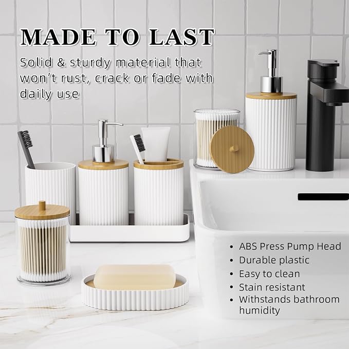 10PC Bathroom Accessories Set - White and Wooden Bathroom Sets, Bathroom Accessory Set with Pop Up Trash Can, Toilet Brush, Trash Can, Qtip Holder & Soap Dispenser