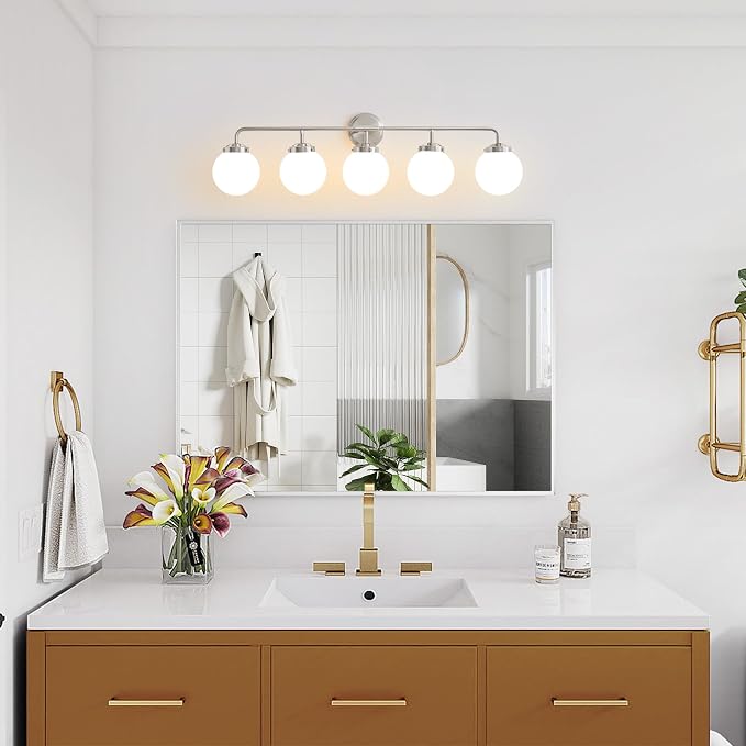 Bathroom Light Fixtures Over Mirror, Brushed Nickel Modern Vanity Lighting with Milk White Glass Globe Shades 5-Light Farmhouse Wall Sconce