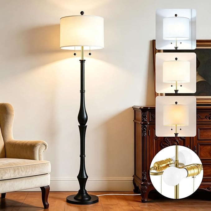 67.5'' Rustic Wooden Floor Lamp with Linen Shade, Farmhouse Floor Lamp for Living Room, Bedroom & Reading Nook, 3-Color Adjustable Tall Lamp with Pull Chain (Black)