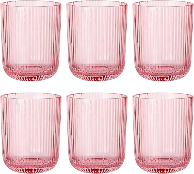 Pink Ribbed Drinking Glasses Set of 6,8.5oz Vintage Highball Tumblers,Colored Glassware for Juice,Milk,Coffee & Cocktails,Gift for Party,Housewarming,Mother's Day