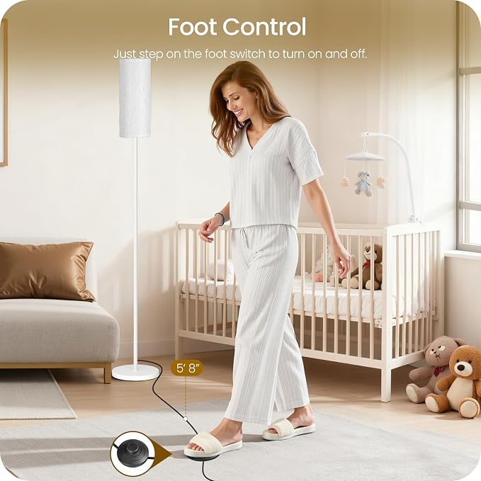 White Floor Lamps for Living Room with Remote and Foot Switch, 64.4” Modern Standing Tall Lamp, Dimmable Corner Lamp for Bedroom, Office, Bulb Included, 3000K-6500K, FCC Listed WW06LD05W1