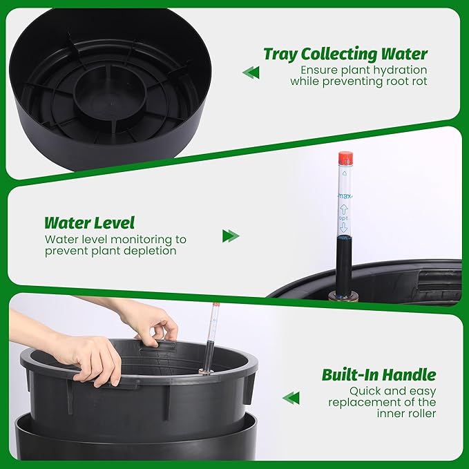 Tall Planters - Set of 2 Large 22 in Planters for Outdoor Indoor Plants, Water Level Monitor, Inner Bucket, Automatic Watering, Ideal for Porch Patio Backyard, Black