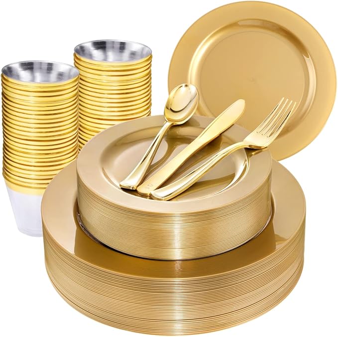 DaYammi 180pcs Gold Plastic Plates Gold Disposable Plates Plastic Silverware Include 30 Dinner Plates 30 Dessert Platos 30 Fork 30 Knives 30 Spoon 30 Cup for Party