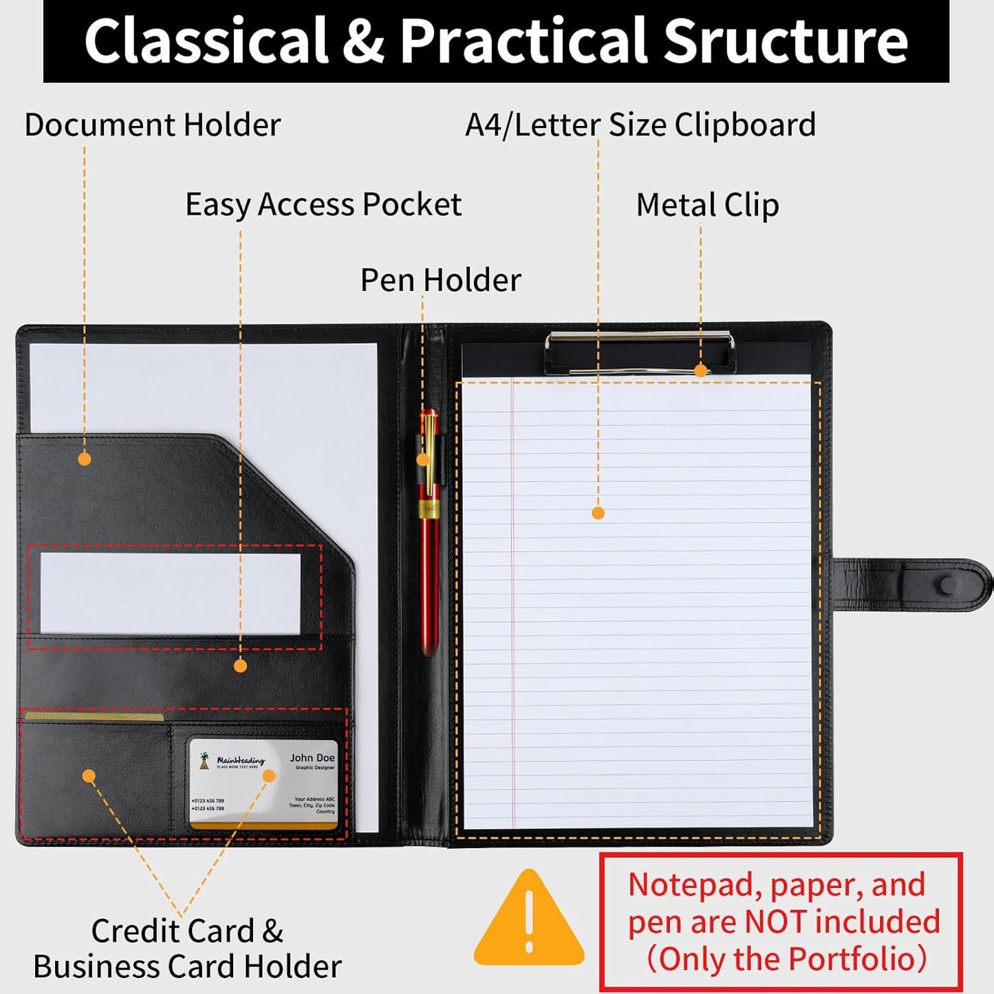 Skiennix Professional Padfolio - Faux Leather Portfolio with Clipboard | A4 Letter Size Organizer in Black