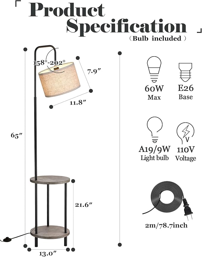 ELYONA Solid Wood Floor Lamp - Rustic Side Table Lamp for Bedroom & Living Room - Mid Century Modern Floor Lamp with 3 Color Temperatures LED Bulb - Industrial Tall Pole Reading Standing Light - Grey