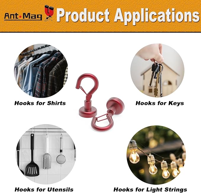Ant Mag Magnetic Hooks Heavy Duty with Snap 22lbs Strong Red Magnet Hooks Great Hanging for Refrigerator, Cruise Cabin, Grill, Wreath,Kitchen,Office 8 Pack