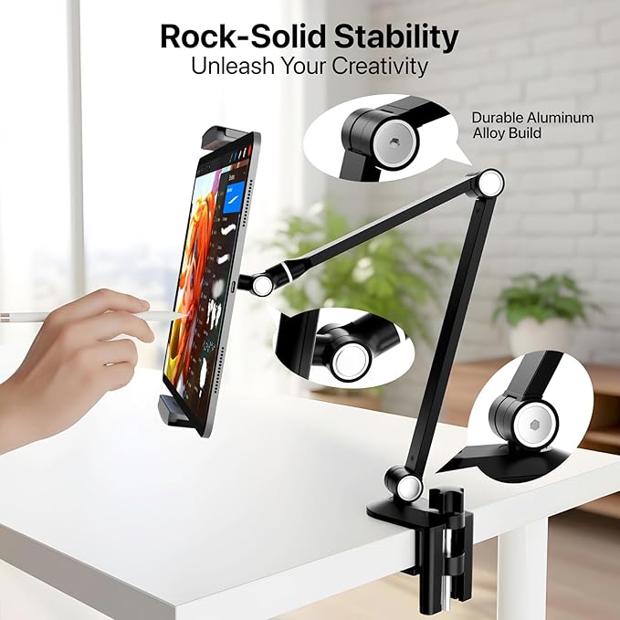 Tablet Stand Holder-Adjustable iPad Desk Mount with 360° Rotating Base for 6.3-16" Devices-Foldable Aluminum ipad Arm Mount for Desk,Bed,Kitchen-Compatible with iPhone,iPad,Tablet,Portable Monitor