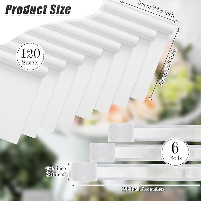 Sabary 120 Sheets Flower Wrapping Paper Bouquet Pure Color Waterproof Floral Packaging Paper with 196 Inch Ribbon Florist Bouquet Supplies for Wedding Birthday DIY, 22.8 x 22.8 Inch(White)