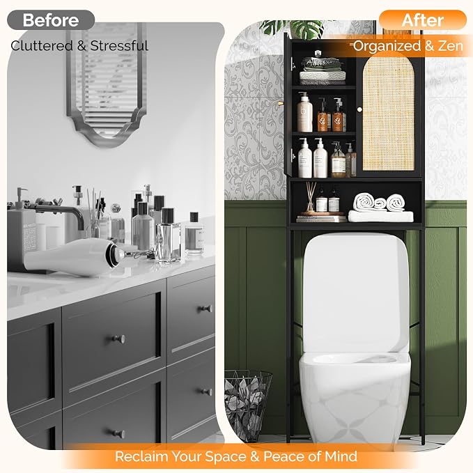 VINGLI Over The Toilet Storage Cabinet, Black Rattan Bathroom Organizer Over Toilet with Adjustable Shelf, Freestanding Space Saver Stand with Soft-Close Doors for Restroom Laundry, Boho Modern