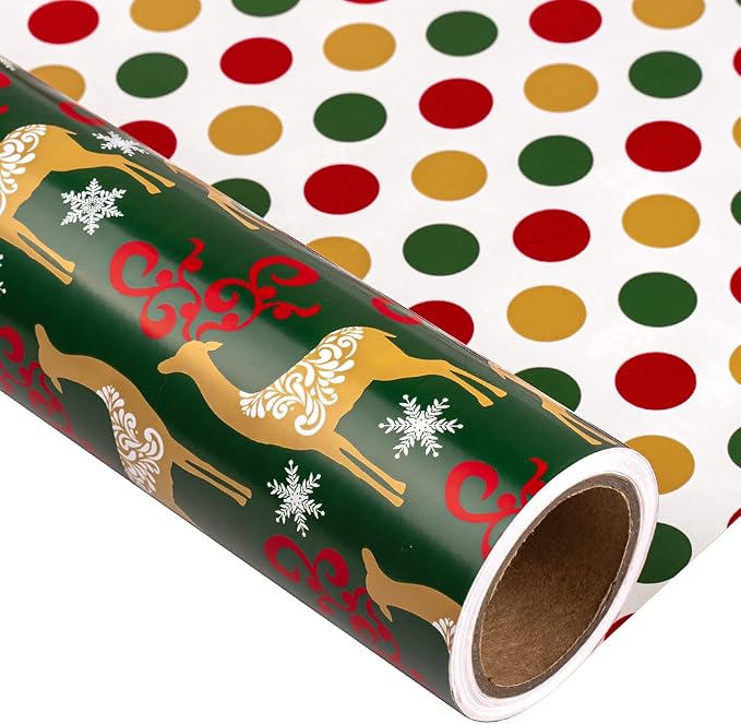 MAYPLUSS Christmas Reversible Wrapping Paper - Mini Roll - 17 Inch X 32.8 Feet - Gold Elk & Polka dots Pattern (47.3 sq.ft.ttl)