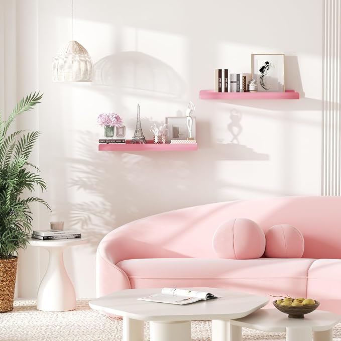 Love-KANKEI Floating Shelves Wall Mounted Set of 2, 17 Inch Rustic Wood Wall Shelves for Storage, Bedroom Living Room Bathroom Kitchen Office and More Pink