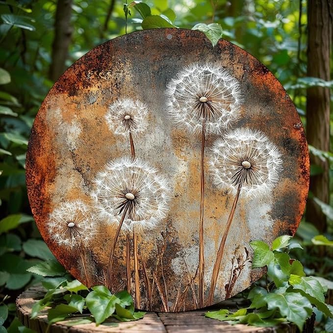 Vintage Dandelion-Themed Aluminum Wall Art, 8x8 Inch Round Metal Decorative Sign, Multipurpose Indoor/Outdoor Hanging Plaque, with No Electricity Needed, Birthday & Holiday Gifts