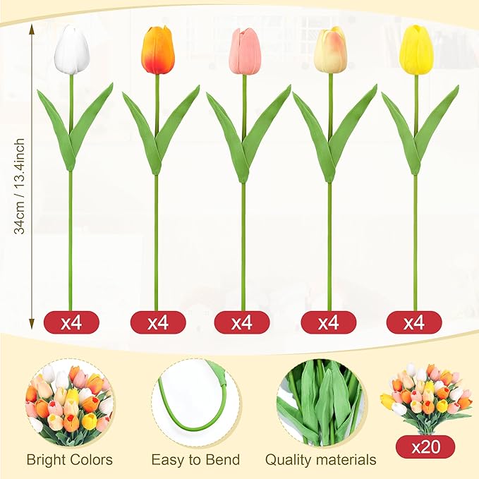 20pcs 14" Tulips Artificial Flowers for Real Touch Fake Tulips Slik Faux Flowers for Summer Wedding Bouquet Spring Easter Mother's Day Decor (5 Color)