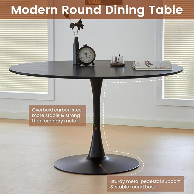 Round Dining Tulip Table for 4, Mid-Century Modern Table with Sturdy Metal Pedestal for Kitchen, Bistro, Cafe, Leisure (Black, 43.5 INCH)