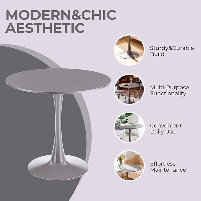 31.5" Tulip Table for 2-4 Persons Modern Round Dining Room Table, Mid-Century Modern Grey Small Kitchen Table with MDF Wooden Top, Leisure Coffee Table for Living Room, Dining Room, Office