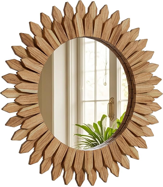 Boho Wood Sunburst Round Wall Mirror, 24 Inch Rustic Circle Wooden Frame Decorative Mirror for Farmhouse Coastal Home, Home Wall Decor for Living Room Entryway Bedroom, Light Wood