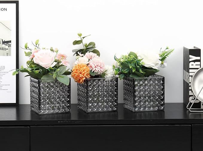MARTAGE Square Vases Set of 6, 4" x 4" x 4" Square Glass Vases for Flowers, Black Flower Vase for Centerpieces, Small Bubble Vase for Wedding, Party, Home, Office, Parties, Events