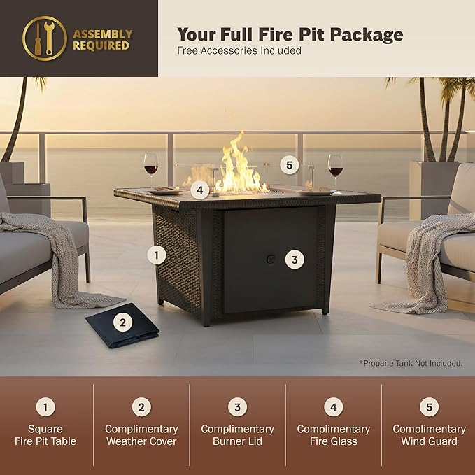 42'' Propane Fire Pit Table, 50,000 BTU Outdoor Gas Fire Table with Lid, Square Aluminum Fire Table with Wind Guard and Weather Cover, 2 in 1 Rattan Firepit Table for Outside Patio, Backyard, Gray