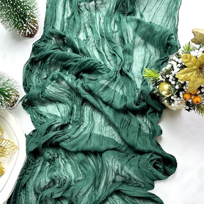 Booque Valley Christmas Table Runner 3 Pack Green Cheesecloth 10ft Soft Boho Wrinkled Decorative Gauze Sheer for Holiday Party Baptism Wedding Centerpiece Table Decor, 35x120 Inch