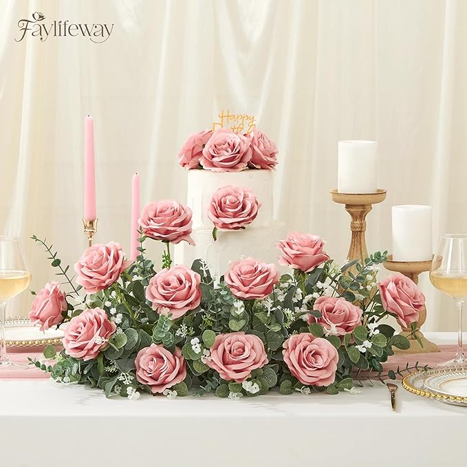 20PCS Artificial Dusty Pink Roses, 3.9'' Silk Flower Head Fake Dusty Pink Rose with Long Stems, Realistic Faux Roses Bouquet for Mother's Day DIY Wedding Home Party Office Decoration