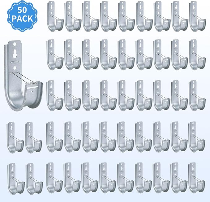 KUAGINZUHE 50 Pack 2-Inch Galvanized Steel Cable Support J-Hooks with Retainer Clips - Heavy Duty Wall Mount Cable Management Hooks for Structured Cabling & Organization