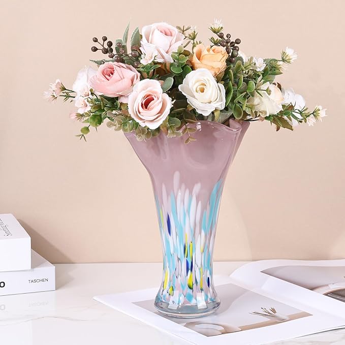 9.0" H Blush Glass Vases for Flowers, Unique Hand Blown Glass Vase Blush Home Decor, Wide Mouth Colorful Flower Vase Centerpieces, for Living Room Table Bookshelf, Bathroom Office Shelf Decorative