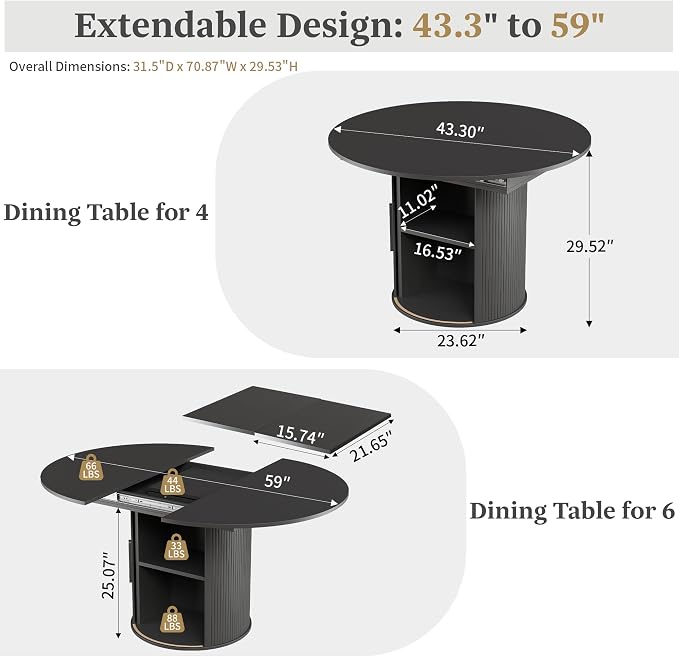 weselon 43"-59" Extendable Round to Oval Dining Table with Hidden Storage, Modern Wooden Kitchen Table with Fluted Sliding Door Cabinet, Expandable Dinner Table for Dining Room Living Room (Black)