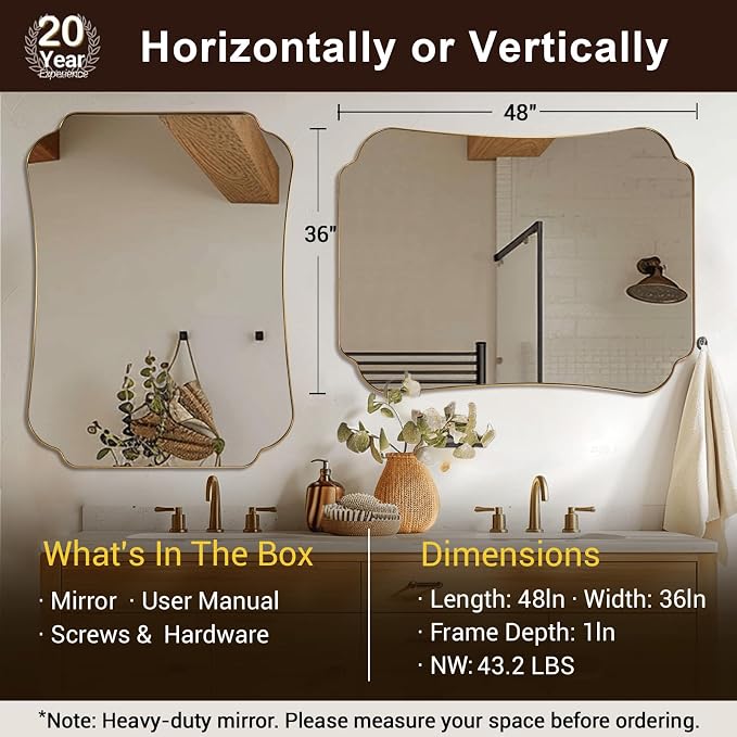 ANDY STAR 36x48 Inch Brushed Gold Bathroom Mirror, Luxury Brass Scalloped Wall Mirror with Stainless Steel Frame, Large Decorative Wave-Edge Vanity Mirror for Living Room, Entryway, Bedroom