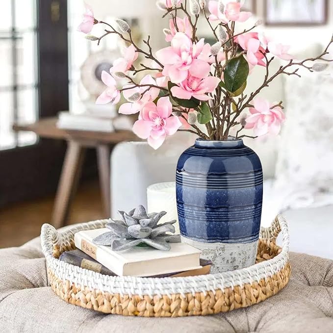 Decorative Ceramic Vases for Home Decor Two Tone Boho Flower Vase for Table Centerpieces Big Blue Pottery Vase Table Flowers Decor Vase Living Room Shelf Fireplace