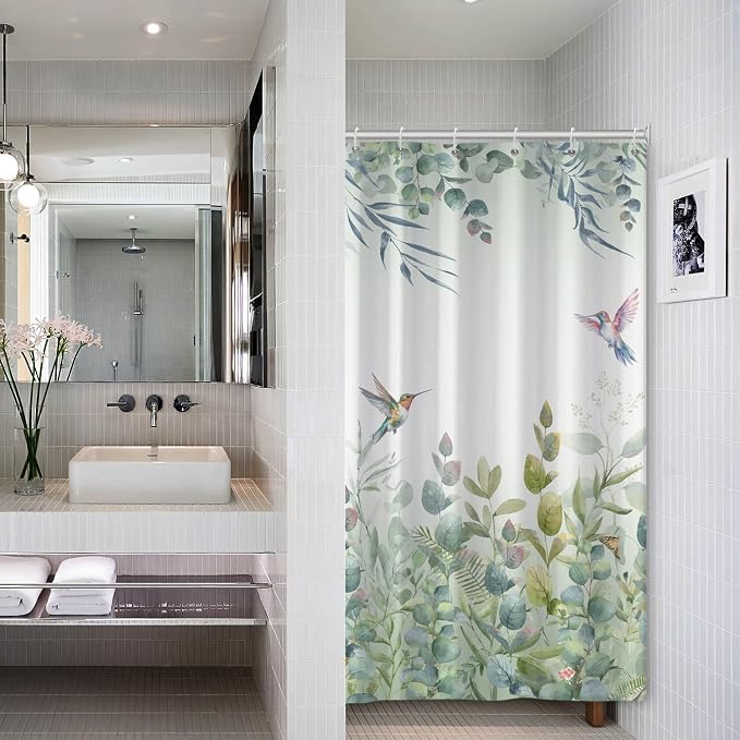 Green Leaf Shower Curtain Colourful Bird Eucalyptus Bathroom Curtain Plant Leaves Botanical Hummingbird Spring Summer Shower Curtain Sets for Bathroom Extra Long 54x72 in with 10 Hooks