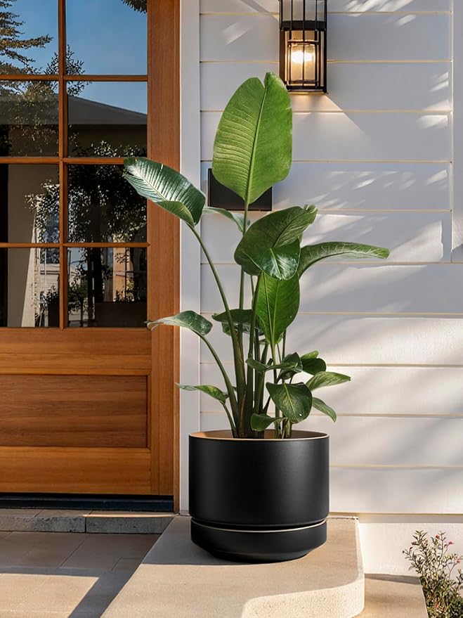 LE TAUCI 14 Inch Large Plant Pot with Saucer, Ceramic Outdoor & Indoor Big Planter with Drainage Hole, Mesh Pad & Plug Included, Matte Glazed Outside, Modern for Home and Patio, Obsidian Black & Ochre