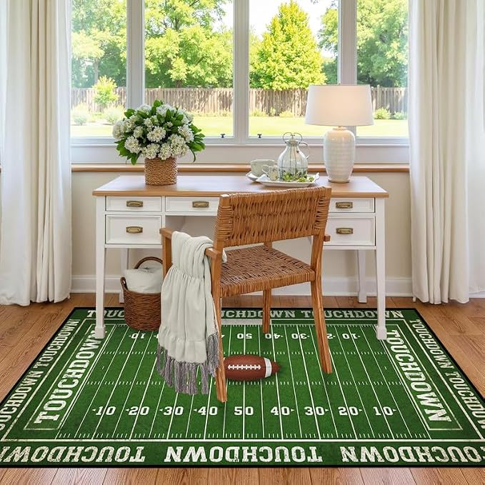 6'x9' Football Field Area Rug Sports Themed Carpet for Nursery Bedroom Playroom Classroom Living Room Home Decor Non Slip Washable Game Room Play Mat