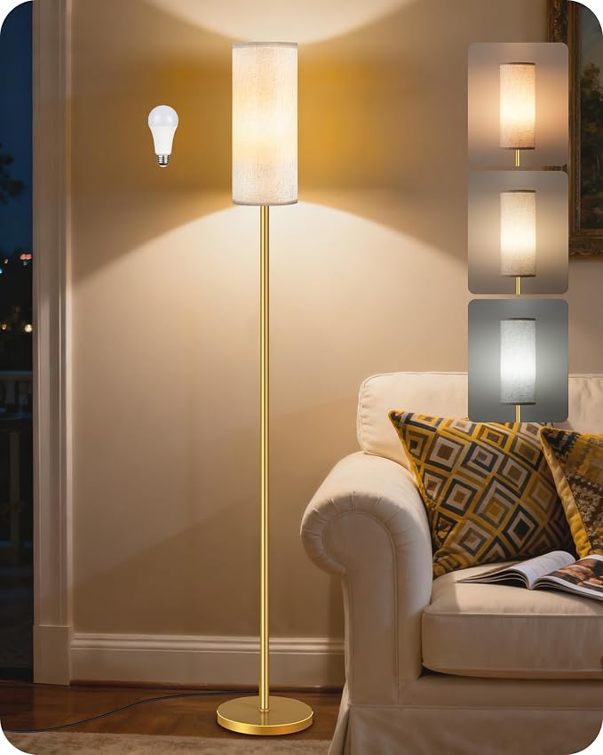 Dimmable Floor Lamp for Living Room with Remote and Foot Switch, Standing Tall Lamp, Bulb Included, 3000K-6500K, Beige and Gold, FCC Listed DE06LD05W1