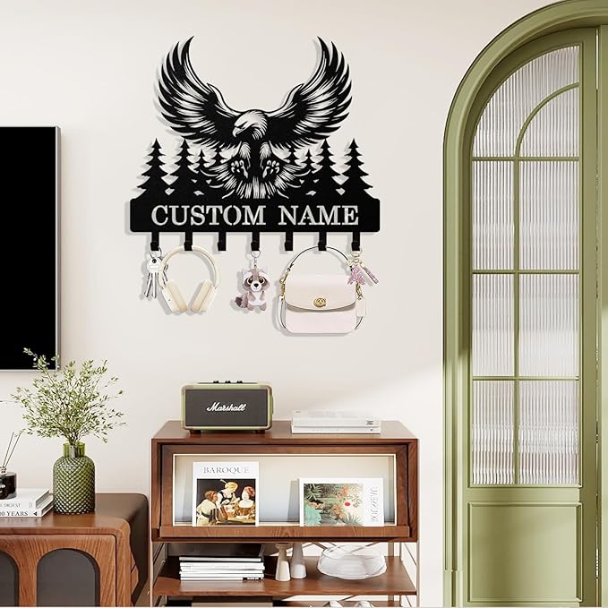 Syneiro Personalized Eagle Key Holder Wall Mount, Custom Metal Keys Holder for Wall with Name, Wall Home Key Hanger Rack with Hooks for Entryway, Front Door, Living Room, Kitchen, Bathroom, Garden