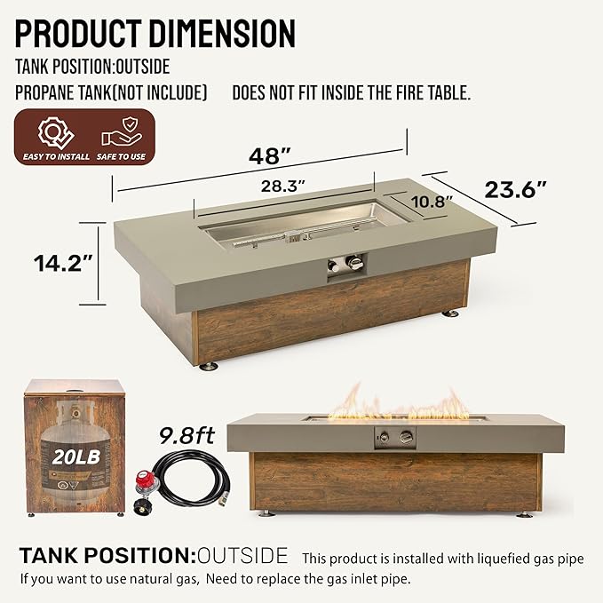 SHINETUNE Outdoor Propane Fire Pit – 48" Fire Table with 50,000 BTU, Modern Propane Fire Pit with Adjustable Flame & Matching 20 lb Tank Stand for Patio, Garden, Deck