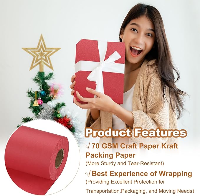 PATIKIL Wrapping Paper, 15" x 800"(66') 70 GSM Craft Paper Roll Kraft Packing Paper for Poster Bulletin Board, Gift Wrapping, Red