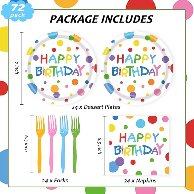 72Pcs Happy Birthday Plates and Napkins, Colorful Dots Paper Plates and Napkins Forks 7inch Disposable Cake Dessert Plates Tableware Decorations for Boys Girls Birthday Party, Serve 24