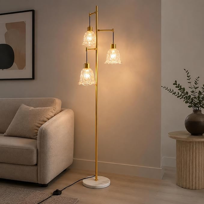 Gold 3-Light Glass Flower Floor Lamp, Mid Century Modern Brass Tree Standing Lamp, Vintage Boho Farmhouse Tall Floor Lamps for Living Room Bedroom Home Office