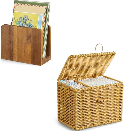 Acacia Wood Mail Organizer - Stylish Desk Mail Holder & Bathroom Tampon Storage | Elegant Decor
