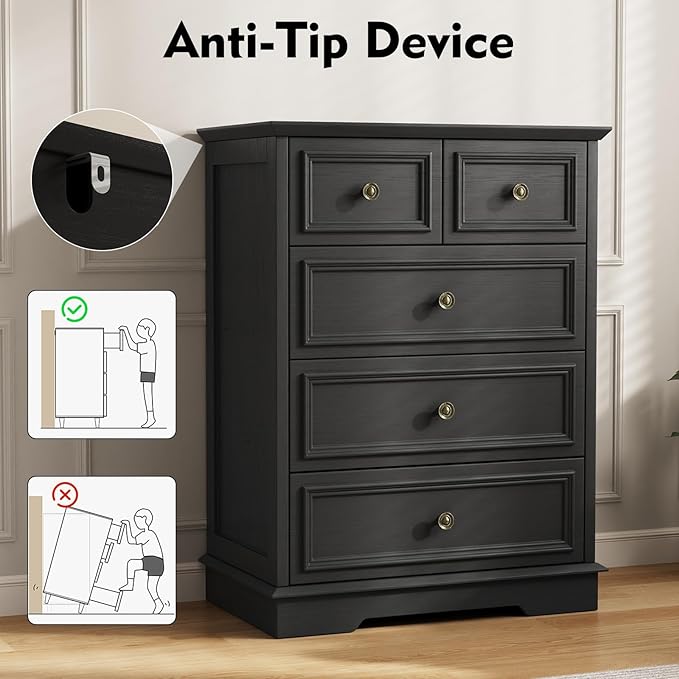 5 Drawer Dresser for Bedroom, Black Wooden Dresser and Chest of Drawers with Metal Handle, Bedroom Drawer Dressers for Living Room, Entryway, Hallway