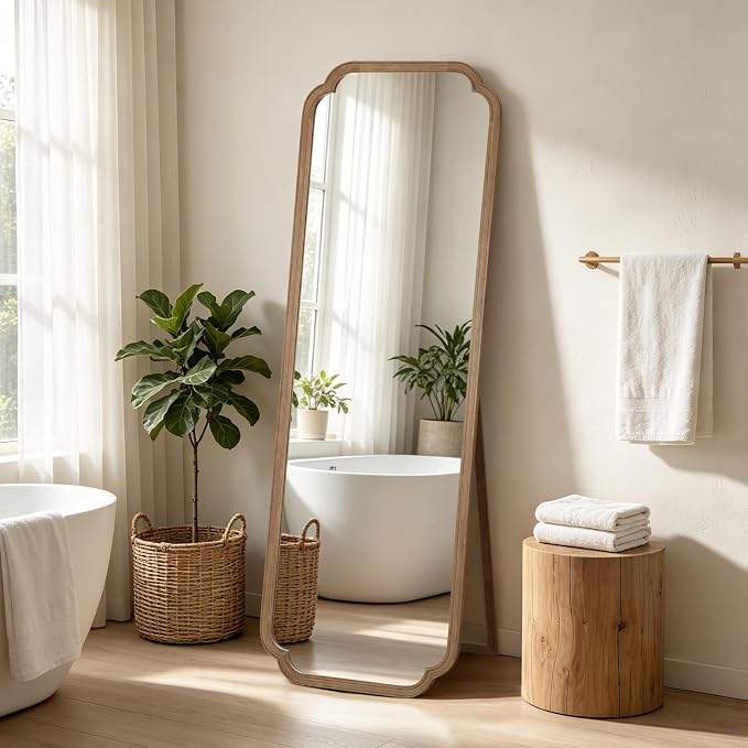 WallBeyond Farmhouse Full Length Mirror with Stand 22x65 Inch, Wooden Frame Floor Mirror,for Bedroom, Entryway, Living Room(Natural)