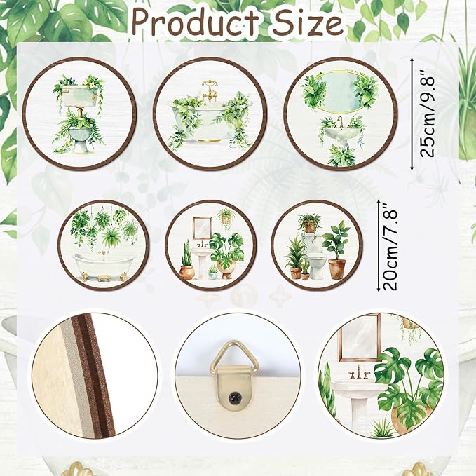 TOARTi 6pcs Minimalist Botanical Bathroom Wall Art Set(9.9”x3/7.9”x3) Round Sage Green Plant Wall Hanging Farmhouse Plant Toilet Wooden Sign Sage Botanical Wall Decor for Washroom Toilet
