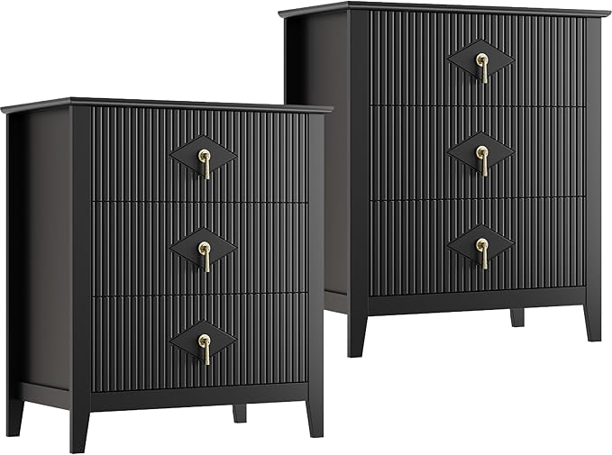 GarveeHome 2Pcs Wood Nightstand Fluted Dresser for Bedroom, 27.5" Wide 3-Drawer Bedside Tables, Modern Chest of Drawers, Storage End Table Living Room, Hallway, Entryway, Black
