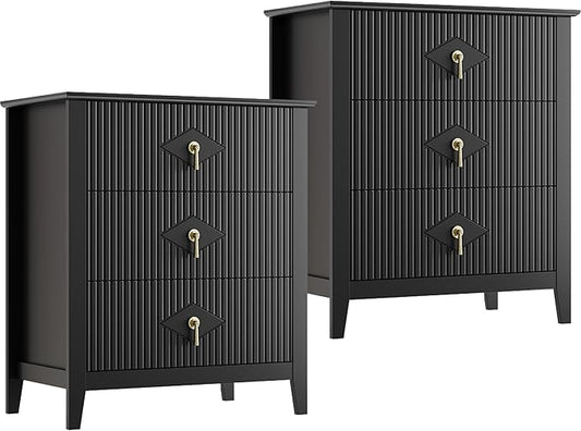 GarveeHome 2Pcs Wood Nightstand Fluted Dresser for Bedroom, 27.5" Wide 3-Drawer Bedside Tables, Modern Chest of Drawers, Storage End Table Living Room, Hallway, Entryway, Black