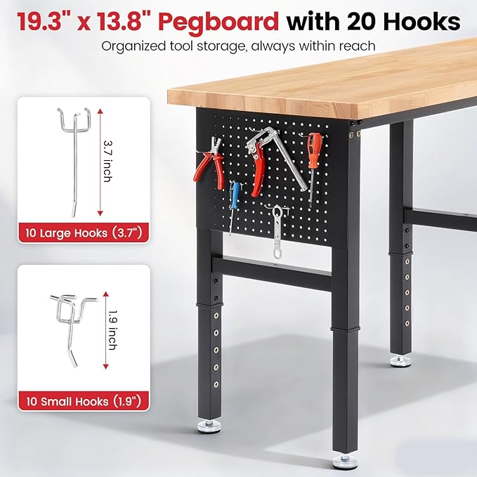 Workbench 96 x 24 Inch Adjustable Height Heavy Duty Work Table with Power Outlets & Extended Pegboard 5000 Lbs Load Capacity Rubber Wood Top Workstation for Garage, Workshop, Home, Office