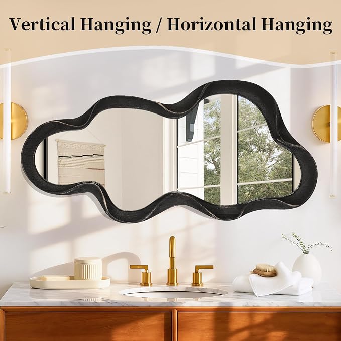 Irregular Wooden Framed Wall Mirror Modern Asymmetrical Hanging Mirror Artistic Cloud Shape Wall Decor Bathroom Vanity Bedroom Living Room Entryway Hallway Large