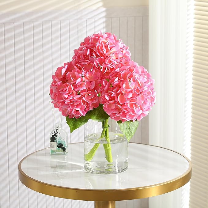 3Pcs Hydrangea Artificial Flowers, 22.44" Real Touch Latex Faux Hydrangea with Long Stems & Leaves for Home Office Decor or Wedding, Party, Centerpieces, Floral Arrangements (Pink)