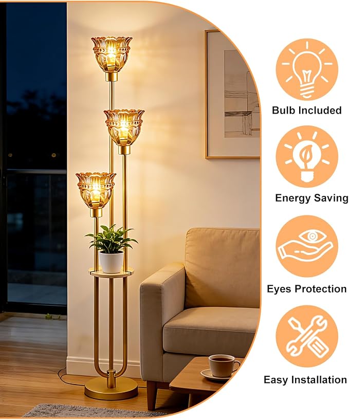 Lightdot Glass Floor Lamp for Living Room Mid Century Modern Gold Floor Lamp with Amber Glass Shade 3000K Bulbs Included Tall Standing Lamp with 5Lbs Heavy Base for Bedroom/Sofa Beside/Corner Decor